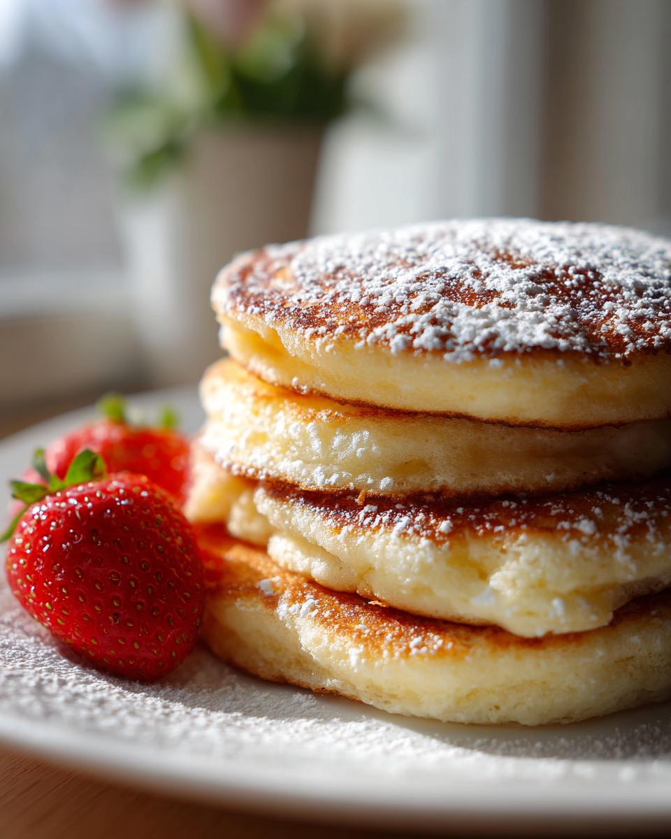 Stapel fluffige Quarkpfannkuchen mit Puderzucker bestäubt und frischen Erdbeeren serviert.