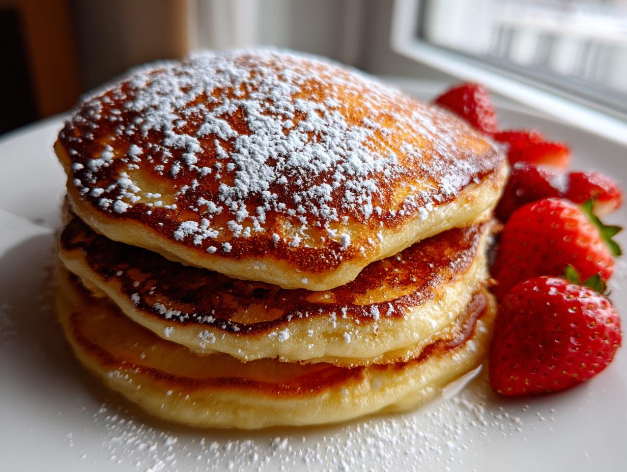 Stapel von drei fluffige Quarkpfannkuchen, bestäubt mit Puderzucker und garniert mit frischen Erdbeeren.