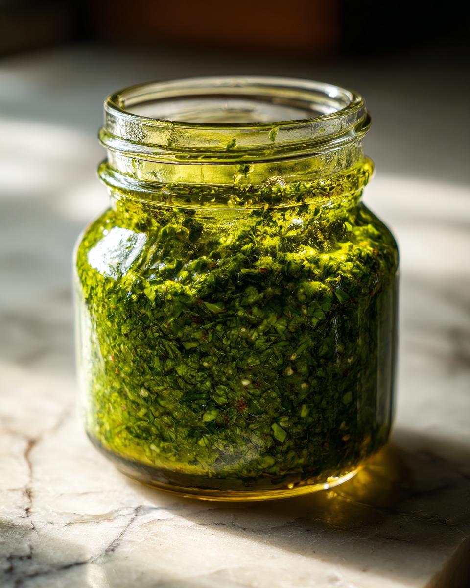 Nahaufnahme eines Glases mit leuchtend grünem, selbstgemachtem Bärlauch-Pesto auf Marmor.