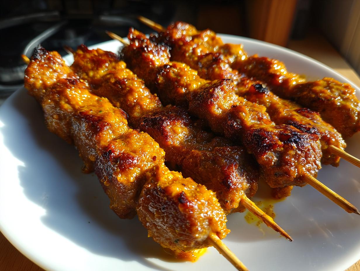 Nahaufnahme von mehreren saftigen, gebräunten Currywurst-Spießen auf einem weißen Teller.