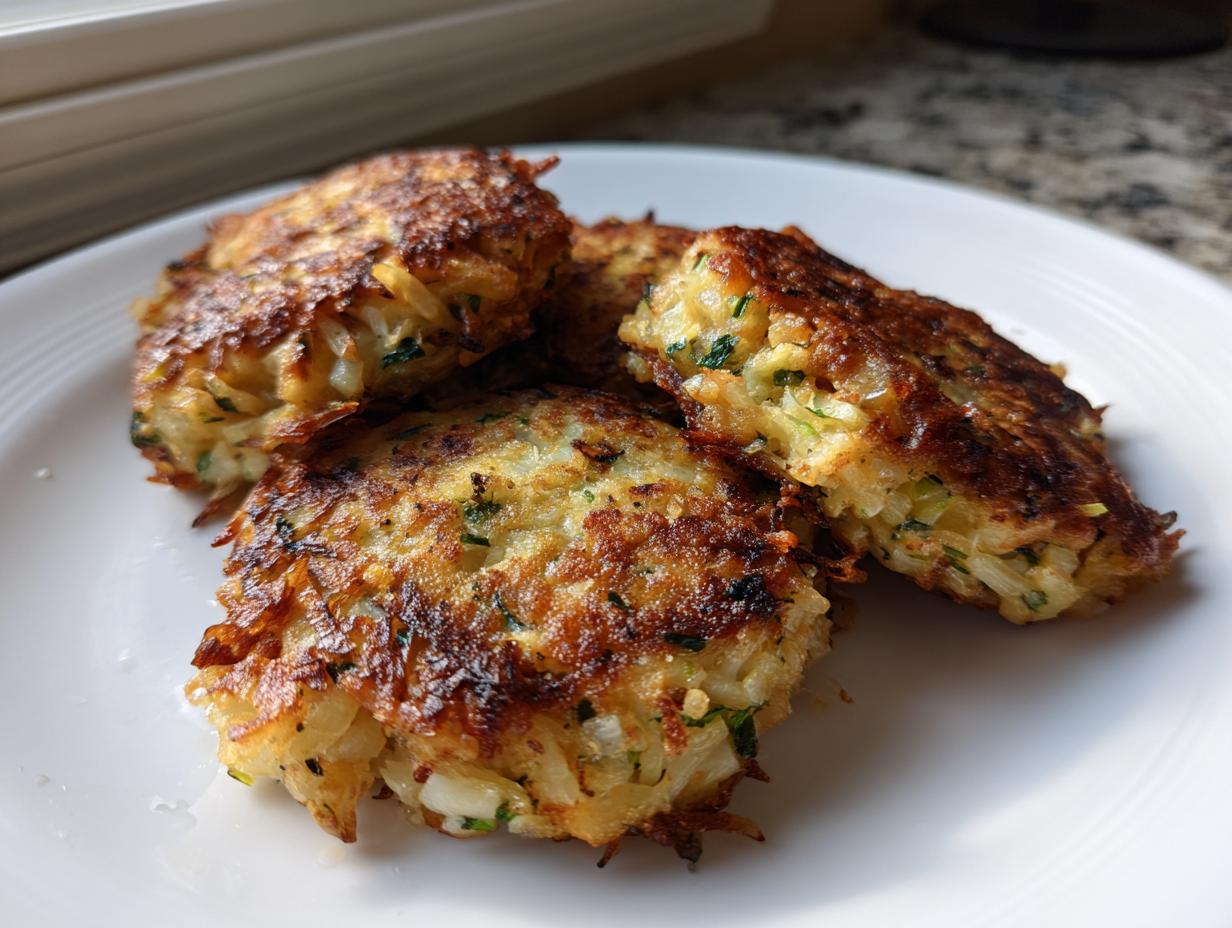 Vier goldbraun gebratene Kohlknödel mit sichtbaren Kohlstreifen und Kräutern auf einem weißen Teller.