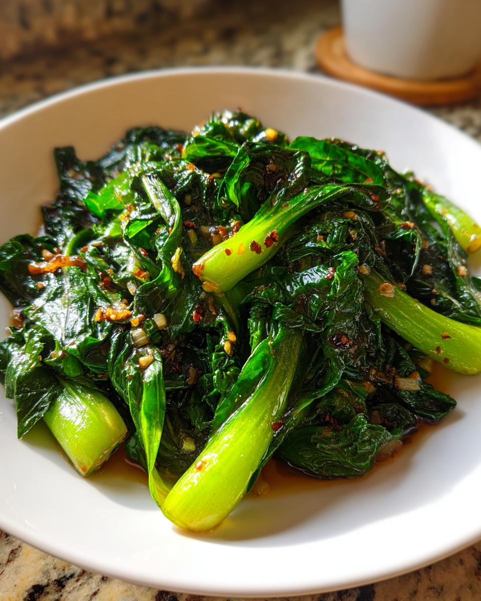 Nahaufnahme von gebratenem Pak Choi in der Pfanne, glänzend mit Soße und Chili-Flocken serviert.