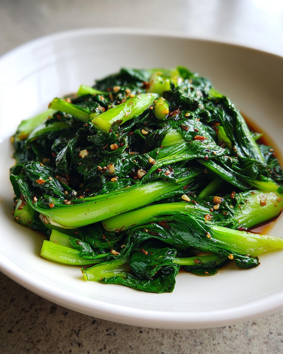 Nahaufnahme von saftigem, grünem Gebratener Pak Choi in der Pfanne mit einer dunklen Soße und gehackten Nüssen.