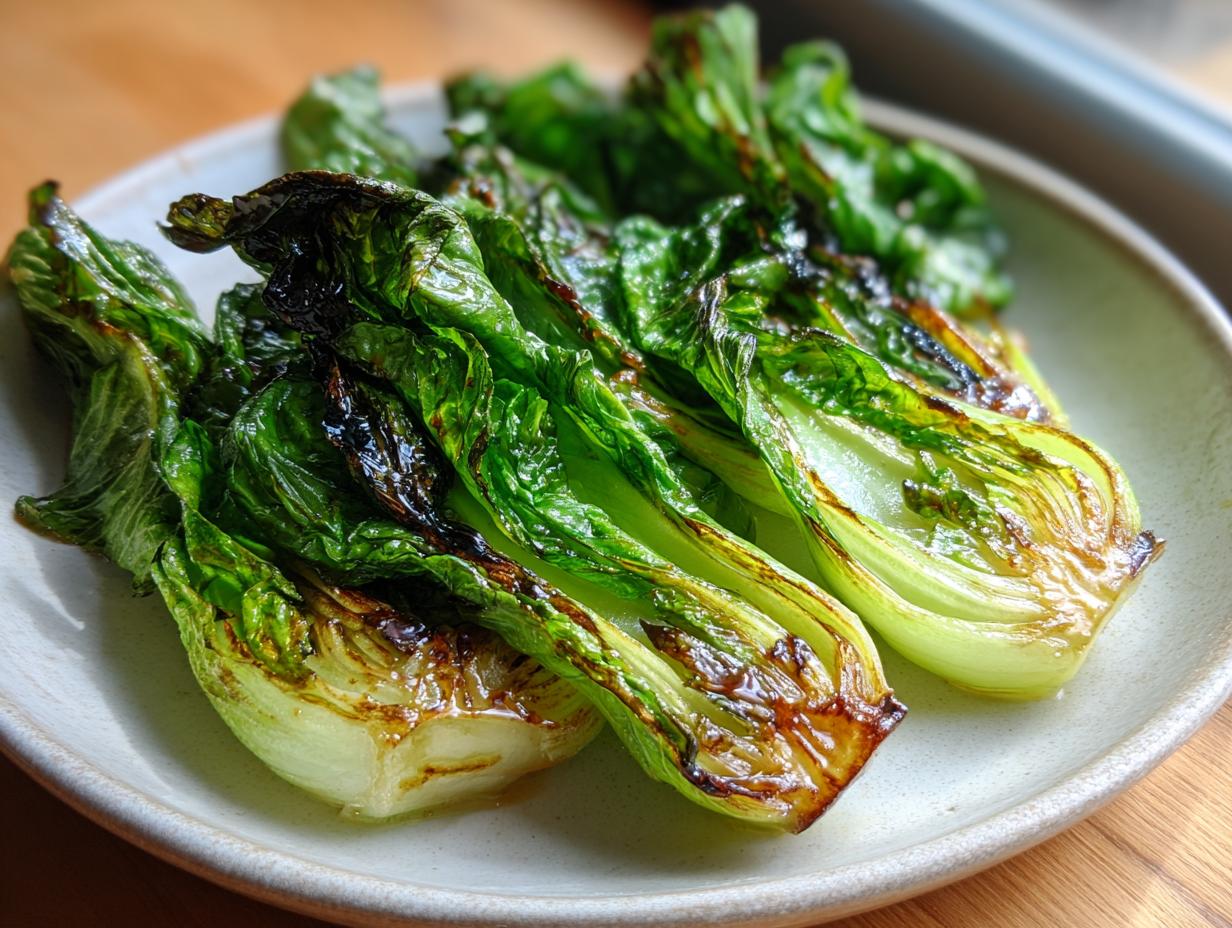 Drei Hälften von gebratenem Pak Choi mit leicht karamellisierten Rändern auf einem hellen Teller.
