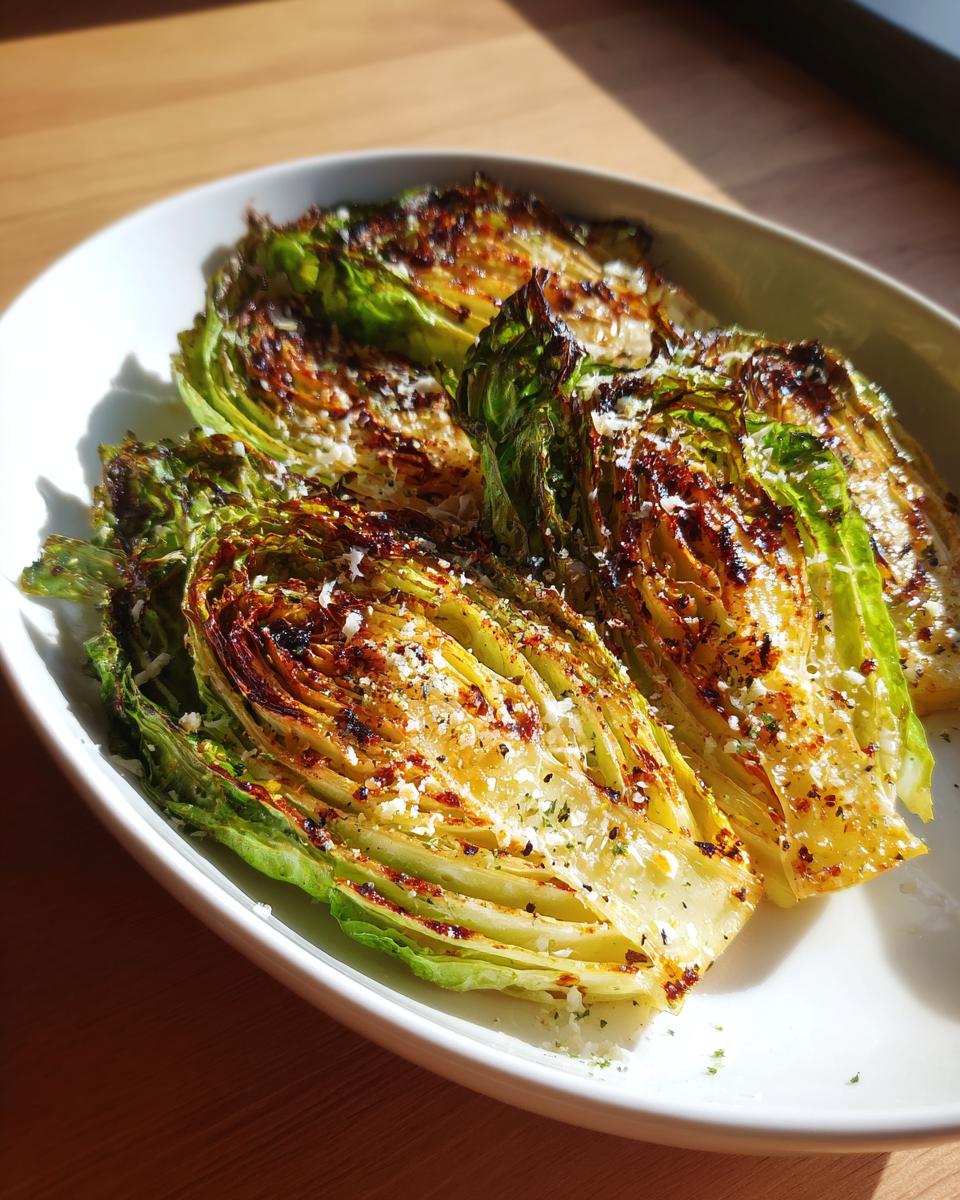 Drei gebratene Spitzkohlhälften, bestreut mit geriebenem Parmesan und Gewürzen, auf einem weißen Teller.