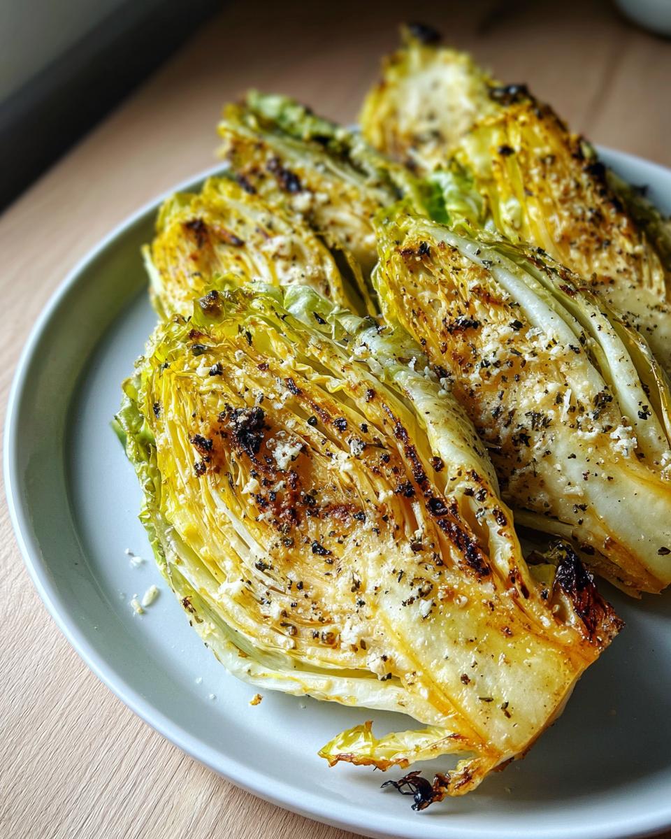 Nahaufnahme von gebratenem Spitzkohl, in Viertel geschnitten und mit Kräutern und Käse bestreut.