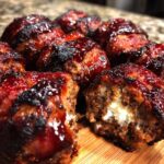Nahaufnahme von mehreren saftigen Moink Balls mit dunkler, glänzender BBQ-Sauce, einer angeschnitten und mit Frischkäse gefüllt.