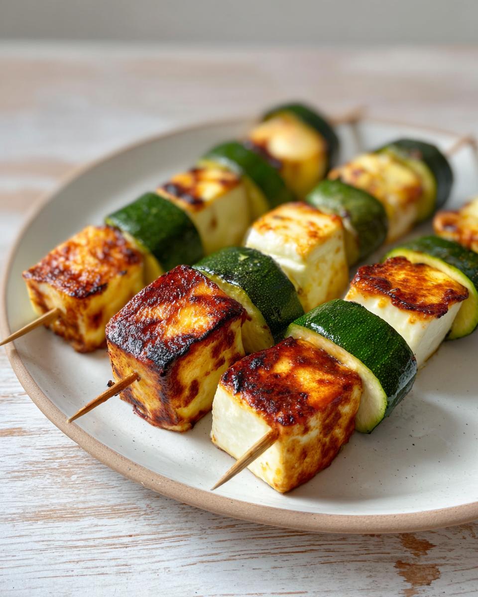 Nahaufnahme von gegrillten Halloumi-Zucchini-Spieße mit goldbraun gebratenem Halloumi und dunklen Zucchinischeiben.