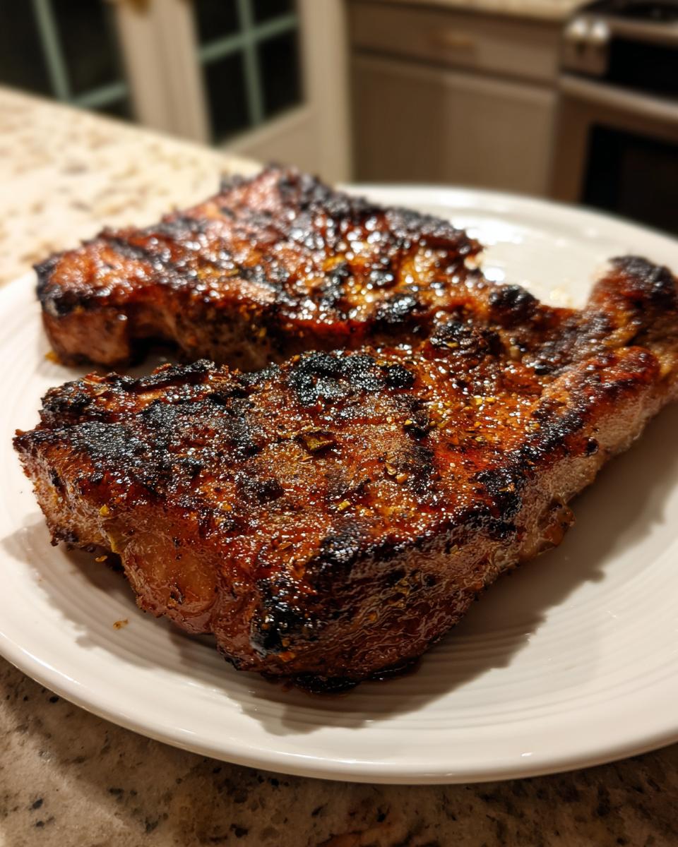 Zwei saftige, gegrillte Nackensteaks mit dunkler, karamellisierter Kruste auf einem weißen Teller.