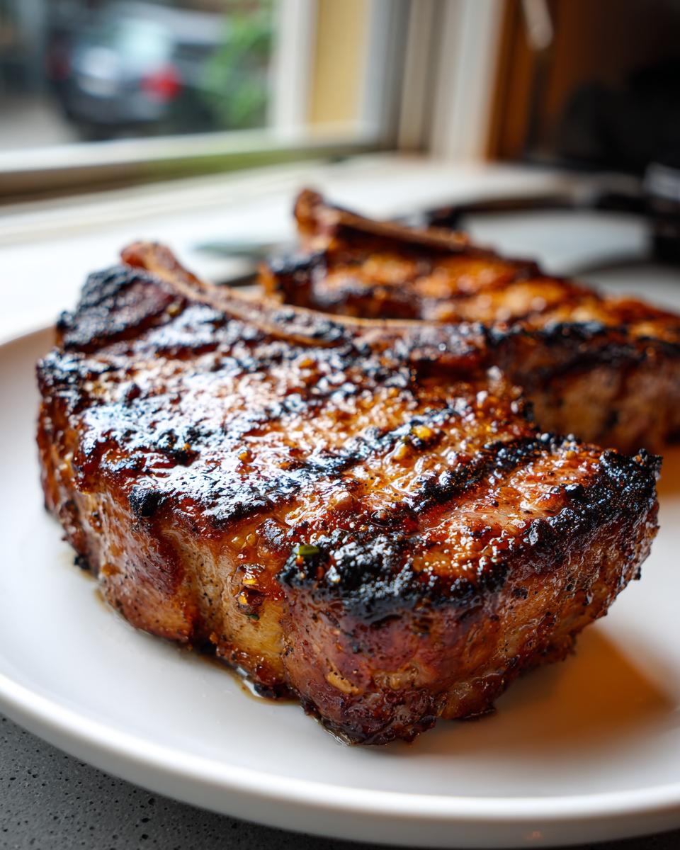 Nahaufnahme eines saftigen, gegrillten Nackensteaks mit deutlichen Grillstreifen, mariniert und auf einem weißen Teller.