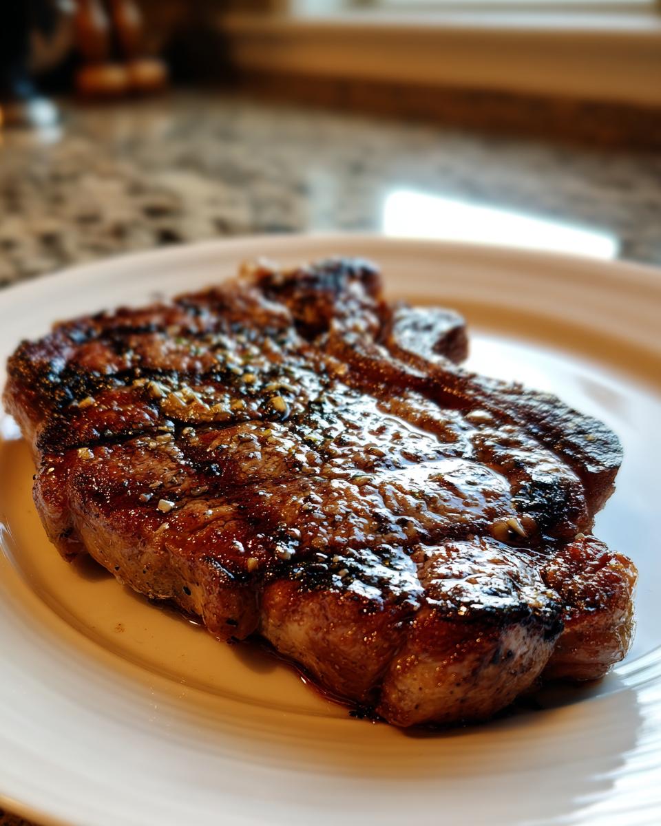 Nahaufnahme eines saftigen, gegrillten Nackensteaks, das mit einer glänzenden Marinade überzogen ist.
