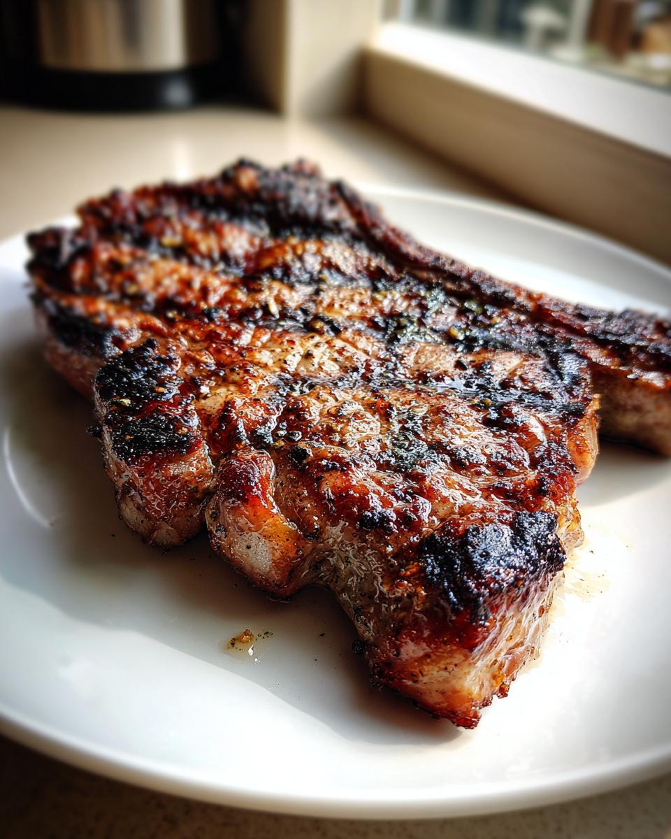 Nahaufnahme eines saftigen, gegrillten Nackensteaks mit deutlichen Grillstreifen, das auf einem weißen Teller liegt.