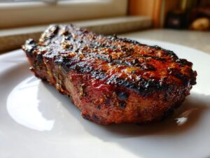 Nahaufnahme eines saftigen, gegrillten Nackensteaks mit dunklen Röstaromen auf einem weißen Teller.