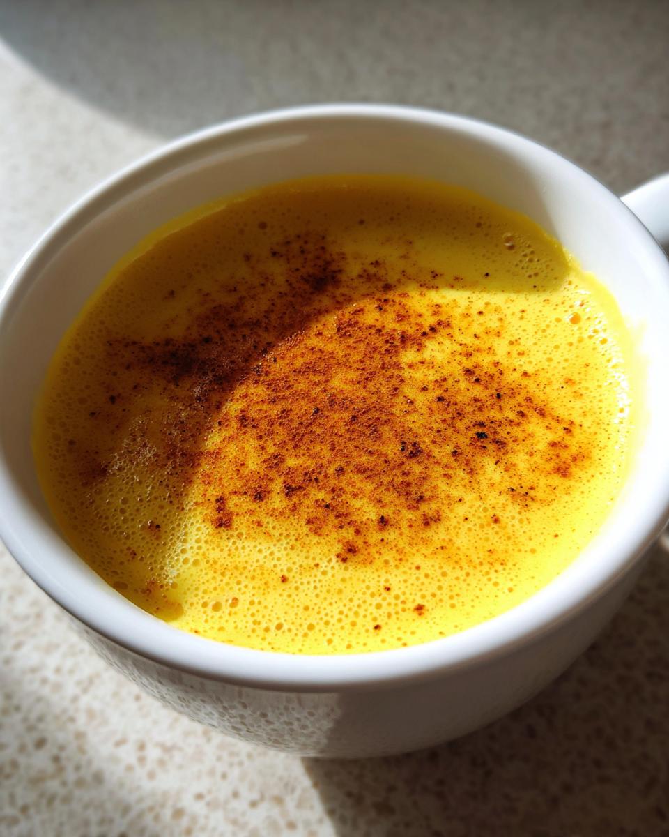 Nahaufnahme einer leuchtend gelben, schaumigen Sauce Hollandaise, bestreut mit dunklem Pulver in einer weißen Tasse.