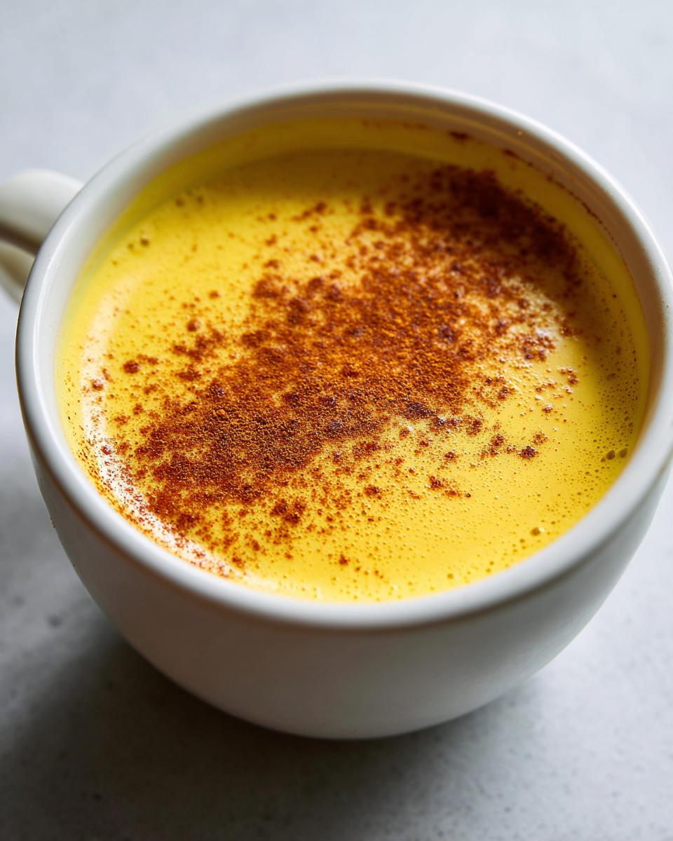 Nahaufnahme einer leuchtend gelben Flüssigkeit in einer weißen Tasse, bestreut mit Zimt, nicht die Sauce Hollandaise.