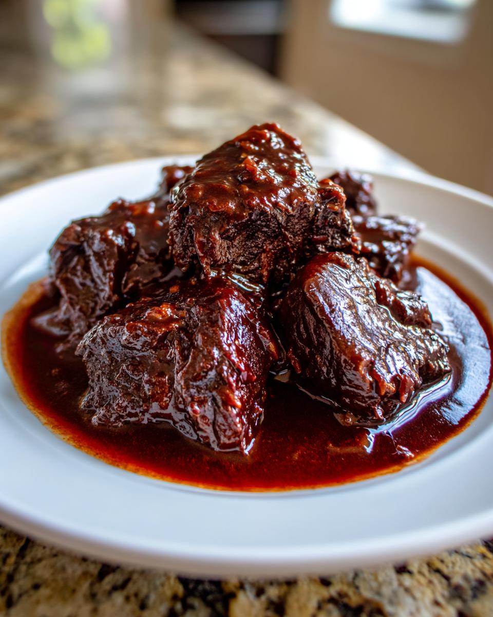 Nahaufnahme von saftigen Stücken Geschmorte Ochsenbäckchen in einer tiefroten, glänzenden Sauce auf einem weißen Teller.