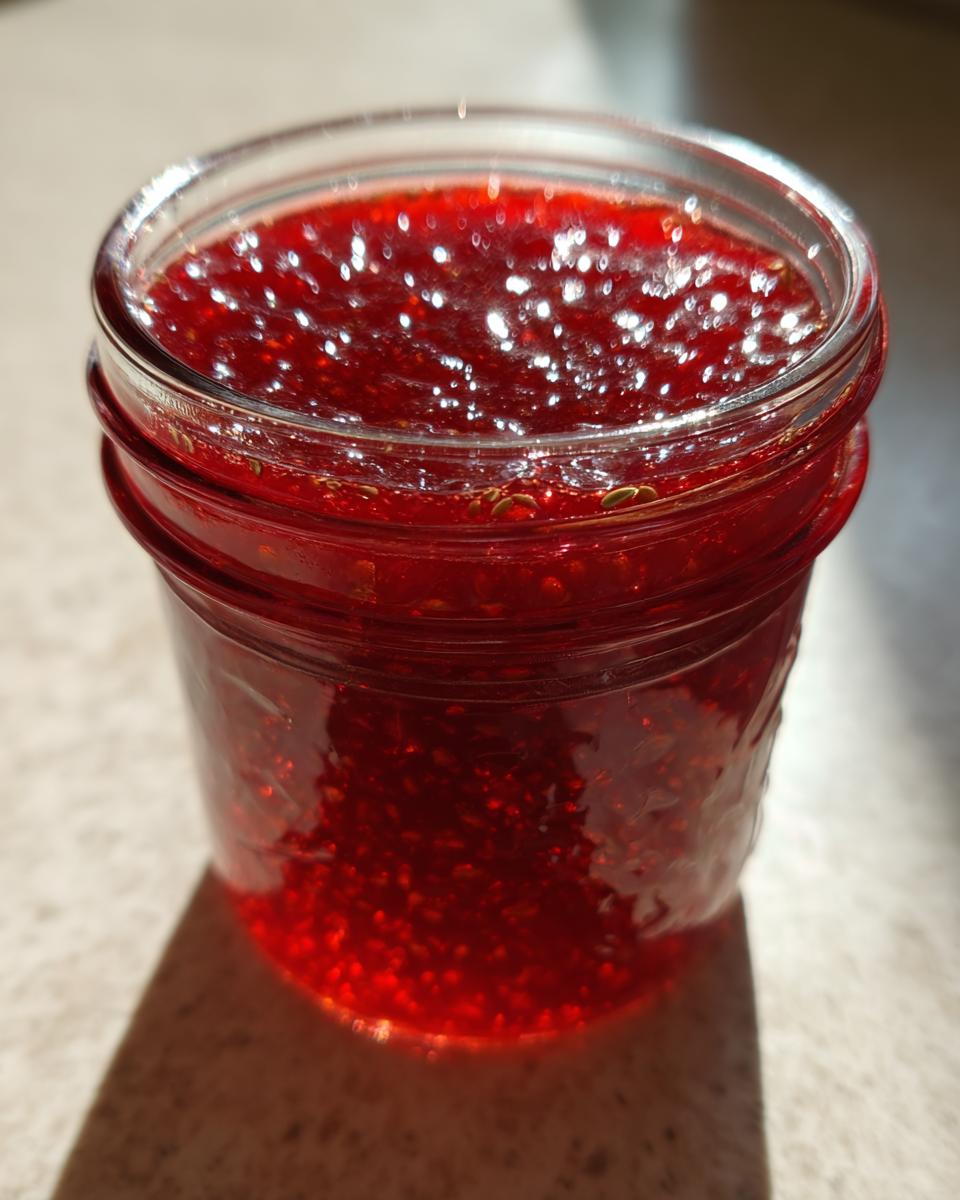 Nahaufnahme eines Glases mit leuchtend roter Erdbeer-Rhabarber-Marmelade, die im Sonnenlicht glänzt.