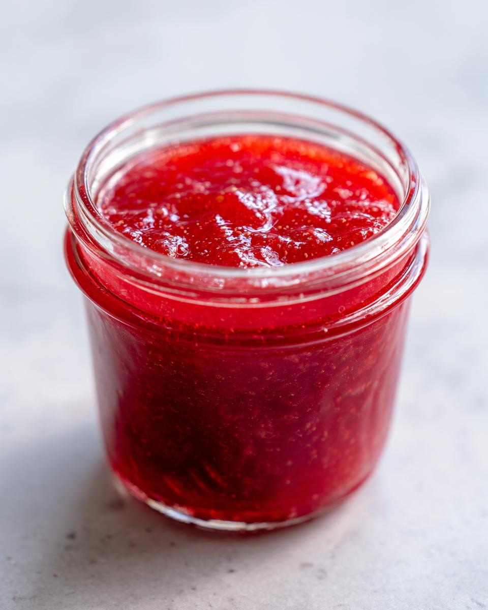 Nahaufnahme eines offenen Glases mit leuchtend roter, selbstgemachter Erdbeer-Rhabarber-Marmelade.