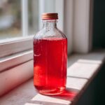 Eine Glasflasche gefüllt mit leuchtend rotem Rhabarbersirup steht auf einer hellen Fensterbank im Sonnenlicht.