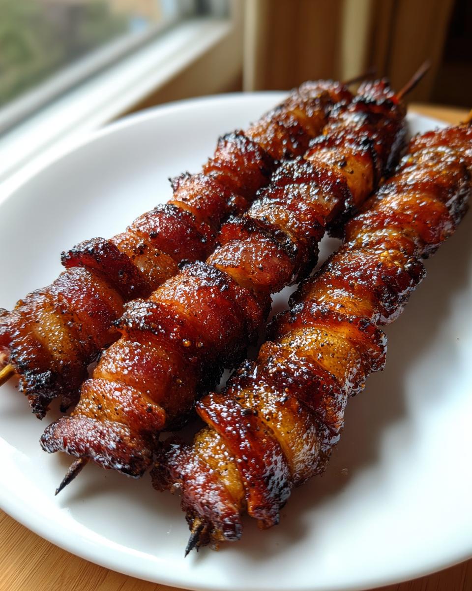 Nahaufnahme von drei saftigen, karamellisierten Bacon Grillfackeln auf einem weißen Teller.