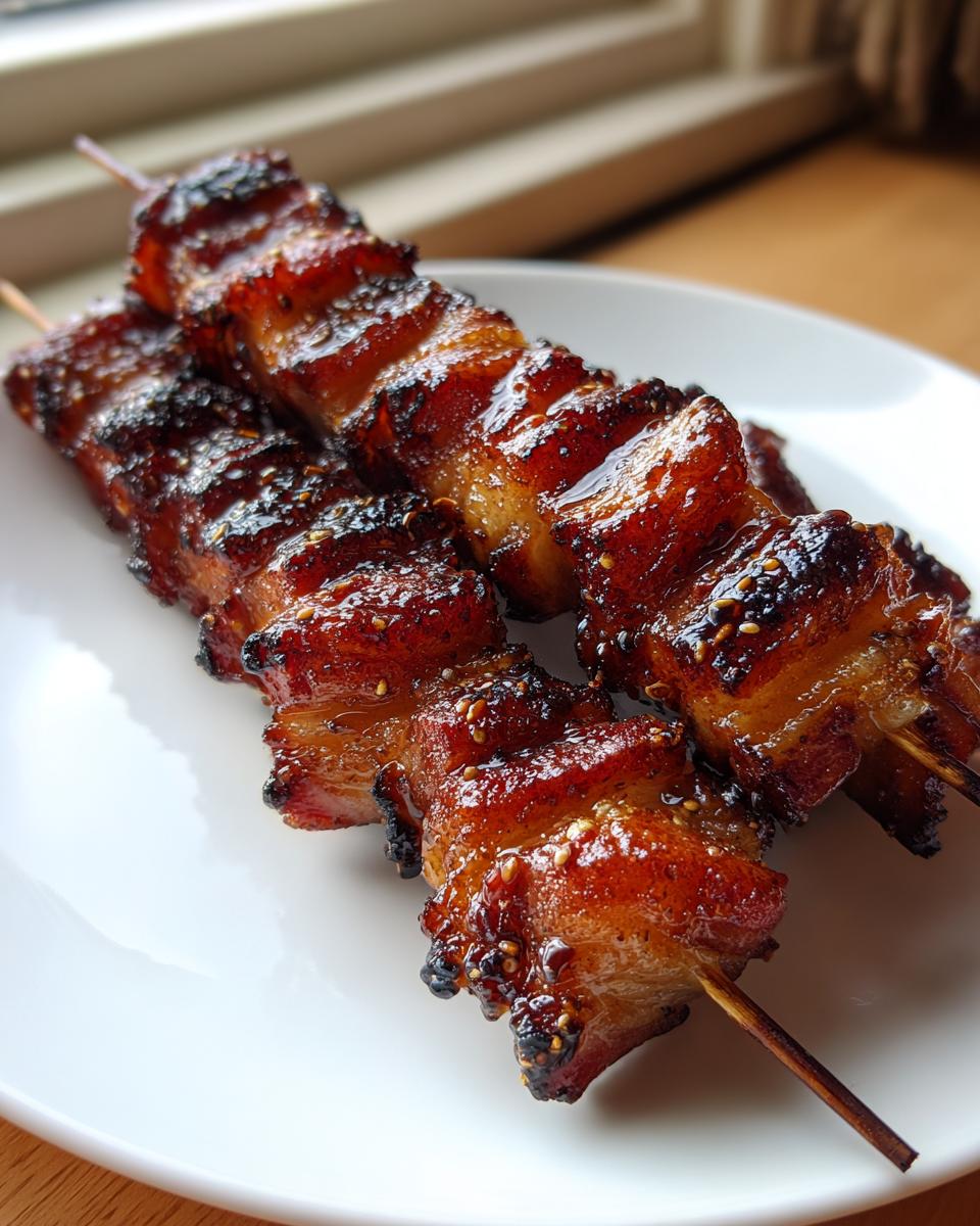 Nahaufnahme von drei glasierten Grillfackeln mit karamellisiertem Speck und Sesam auf einem weißen Teller.
