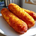 Nahaufnahme von drei knusprigen, goldbraunen Corn Dogs, die auf einem weißen Teller liegen.