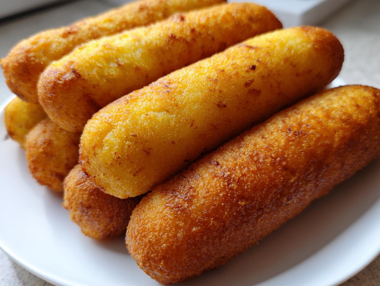Nahaufnahme von mehreren goldbraun frittierten Corn Dogs, die auf einem weißen Teller gestapelt sind.