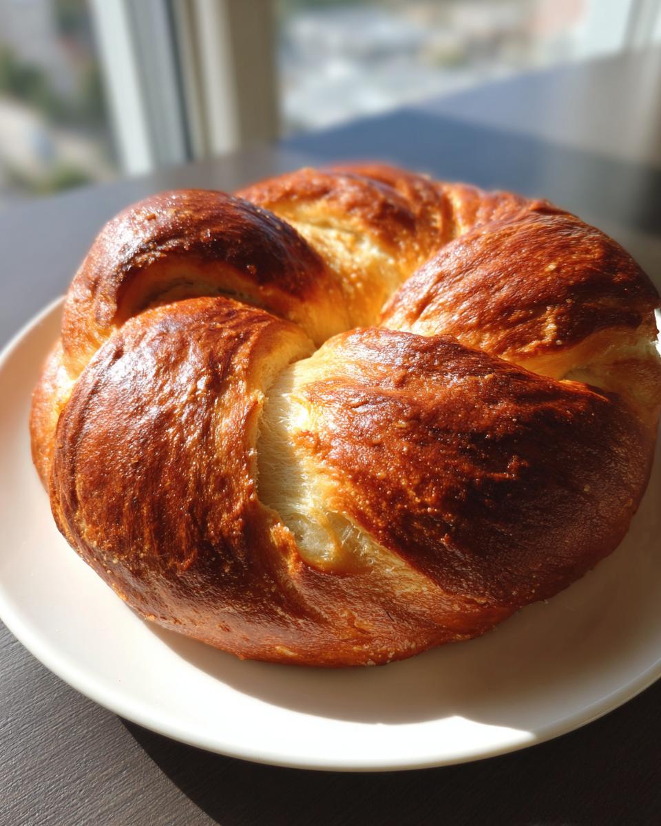Eine frisch gebackene, goldbraune Pfingstbrezel in Kranzform auf einem weißen Teller, hell beleuchtet.