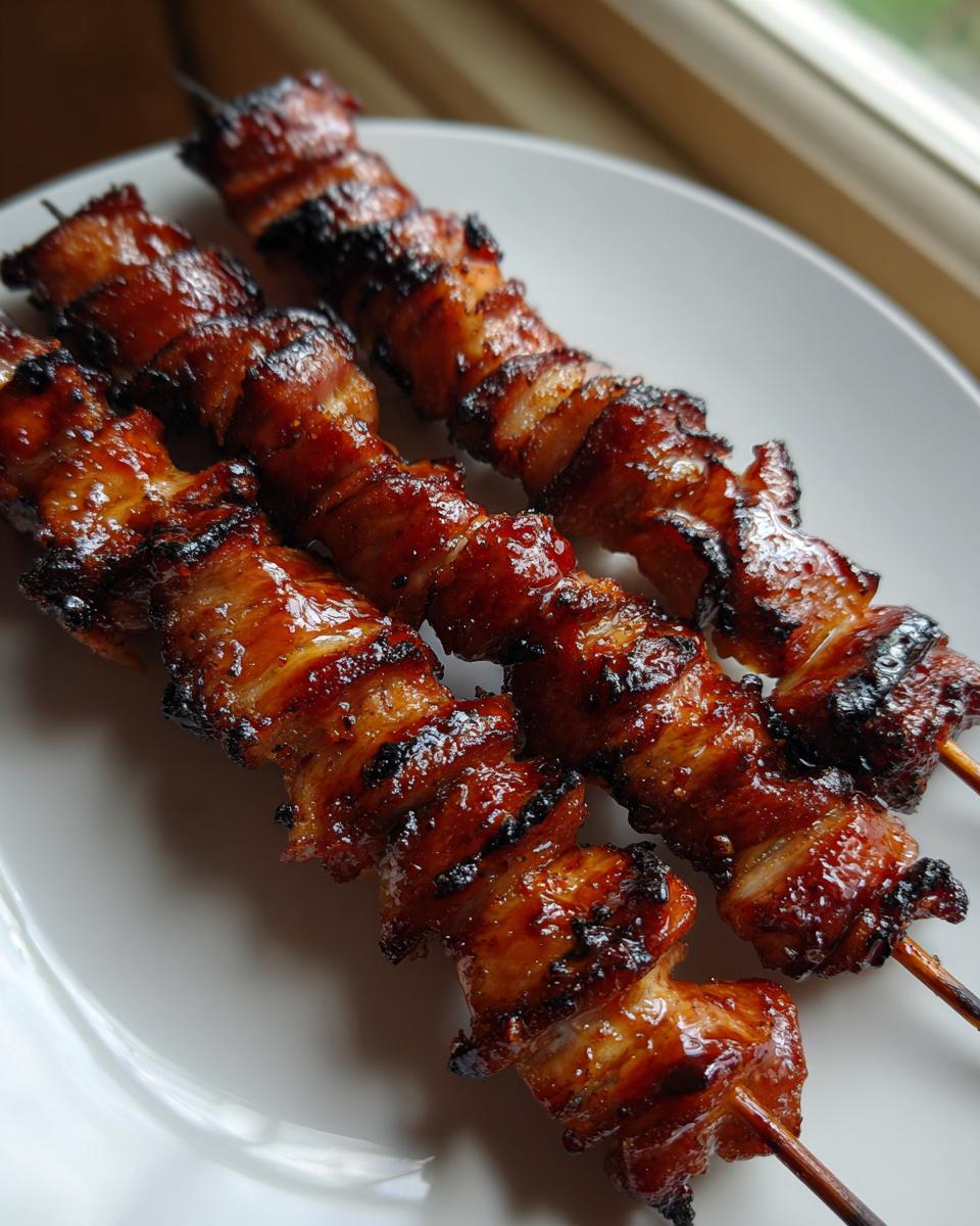 Nahaufnahme von drei saftigen, glasierten Grillfackeln auf einem weißen Teller.