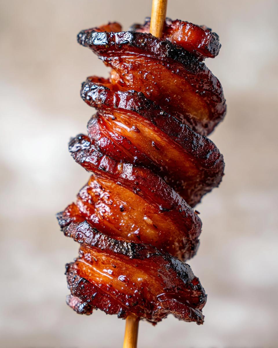 Nahaufnahme von glasierten Grillfackeln aus Schweinebauch, spiralförmig auf einem Holzspieß aufgereiht.
