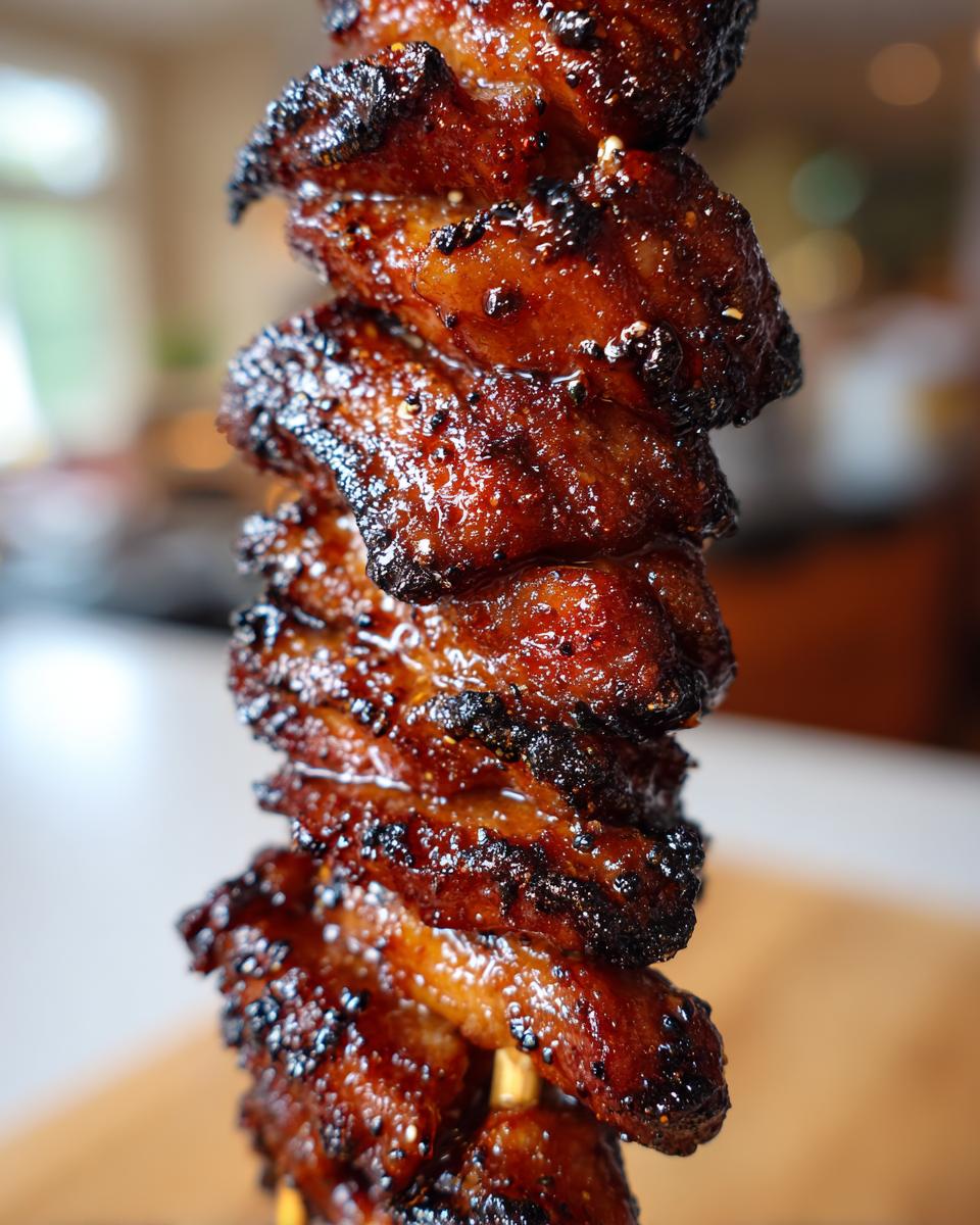 Nahaufnahme von saftigen, glasierten Grillfackeln aus Schweinebauch auf einem Spieß, leicht verkohlt.