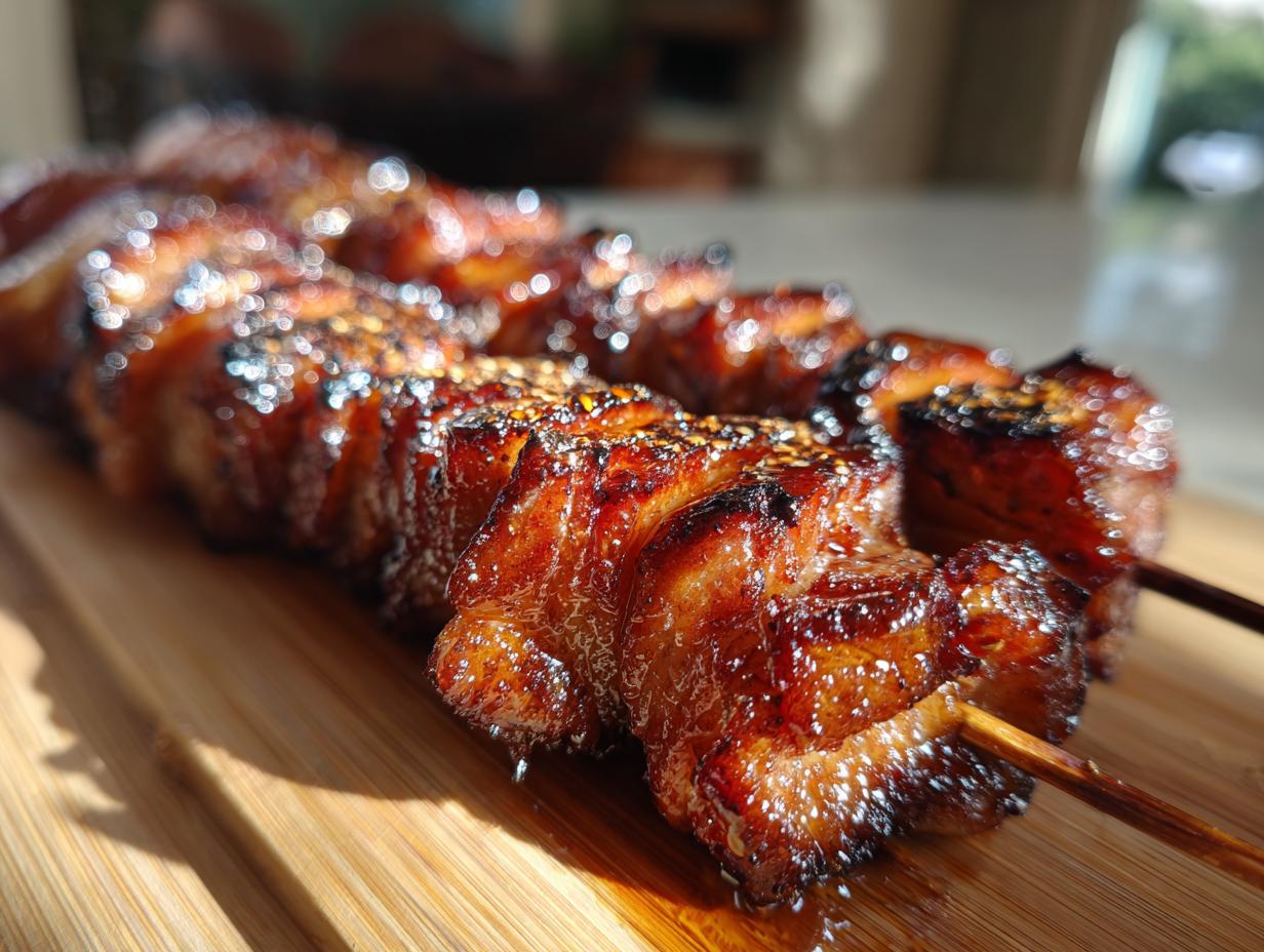 Nahaufnahme von glasierten Grillfackeln aus Schweinebauch auf Holzspießen, die auf einem Bambusbrett liegen.