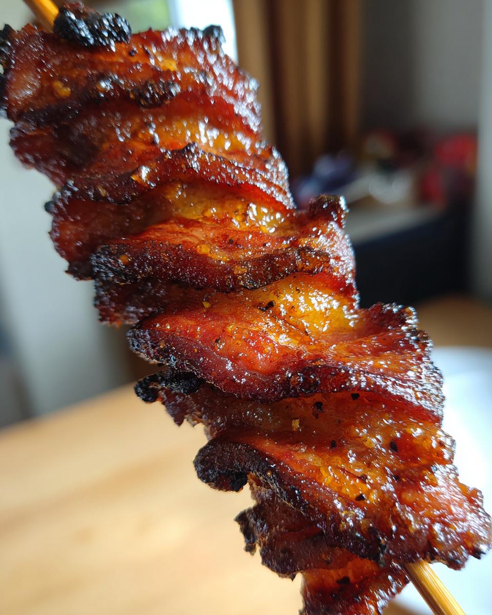 Nahaufnahme einer fertigen Grillfackel aus Schweinebauch, glasiert und leicht verkohlt, auf einem Holzspieß.
