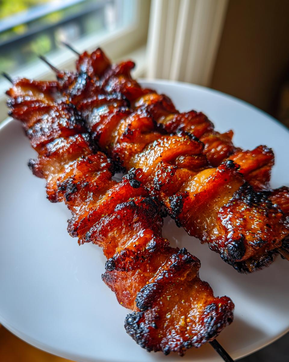 Nahaufnahme von zwei saftigen, karamellisierten Grillfackeln aus Schweinebauch auf Holzspießen, die auf einem weißen Teller liegen.