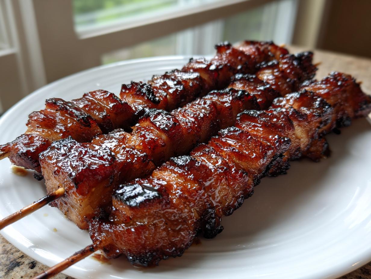 Drei Spieße mit karamellisierten, glasierten Grillfackeln aus Schweinebauch auf einem weißen Teller.