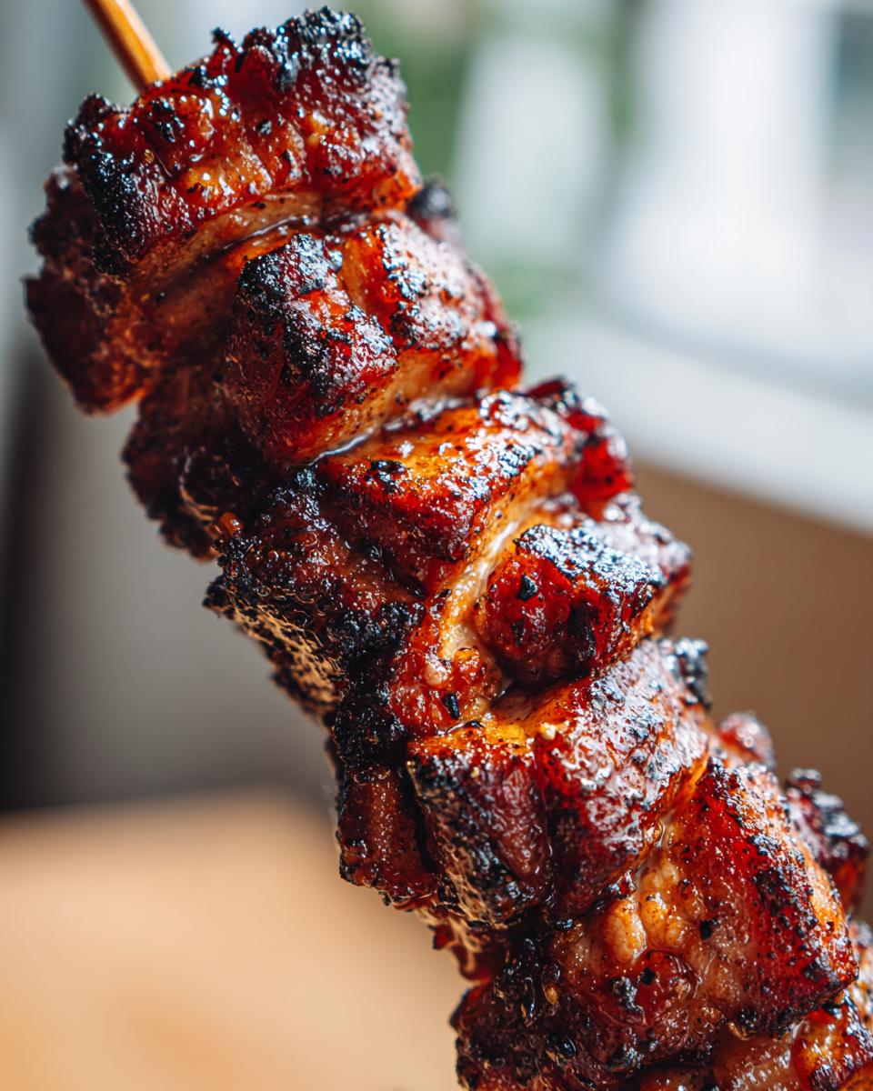 Nahaufnahme von saftigen, karamellisierten Grillfackeln aus Schweinebauch, aufgespießt und dunkel gegrillt.