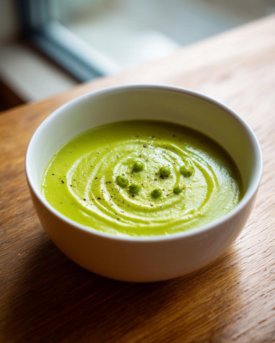 Eine leuchtend grüne, cremige Suppe, verziert mit Erbsen und Pfeffer, die an die Spargelcremesuppe aus Spargelschalen erinnert.