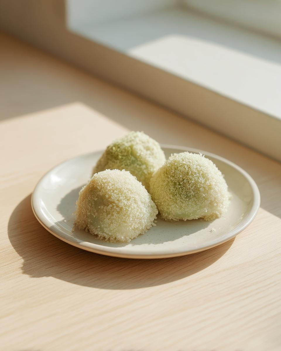 Drei runde, hellgrüne Kohlknödel, bedeckt mit weißen Kokosraspeln, auf einem kleinen Teller.
