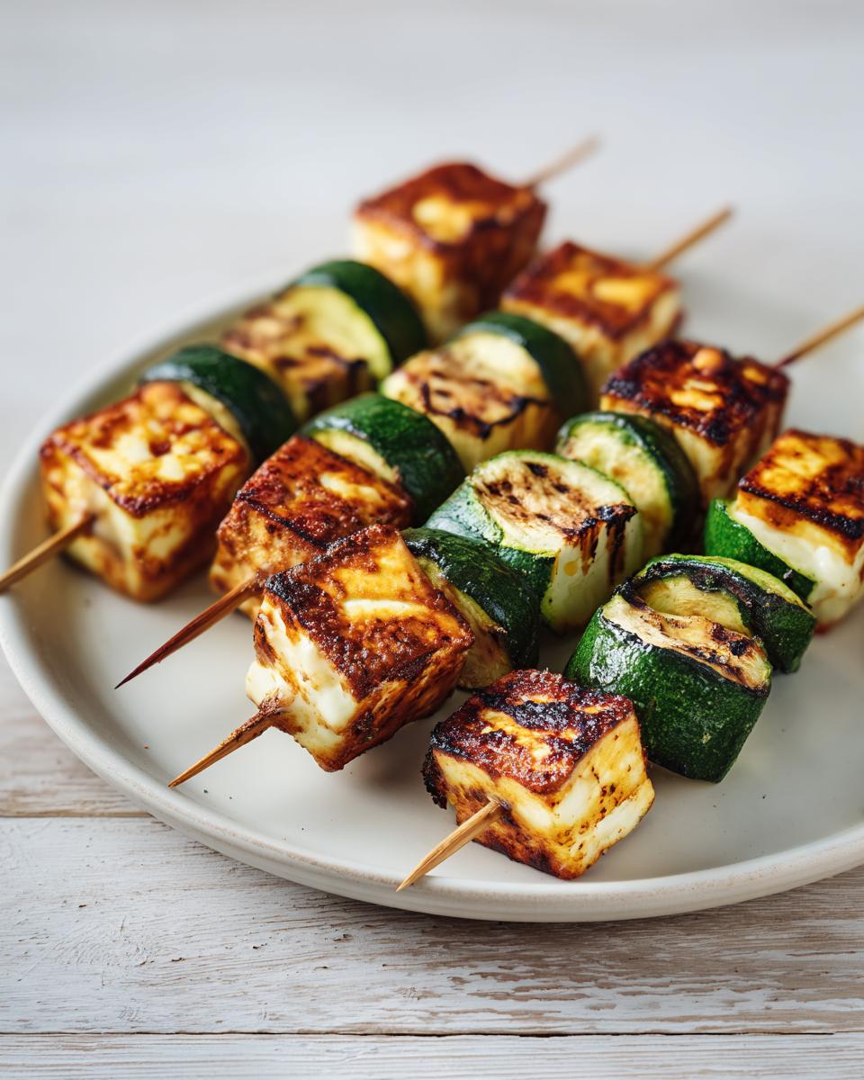 Drei gegrillte Halloumi-Zucchini-Spieße mit schön gebräunten Halloumi-Würfeln und Zucchinischeiben auf einem hellen Teller.
