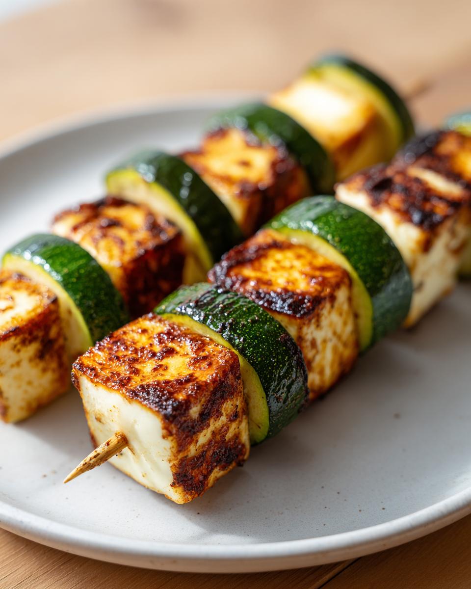 Nahaufnahme von gegrillten Halloumi-Zucchini-Spießen mit schön gebräunten Halloumi-Würfeln auf einem hellen Teller.