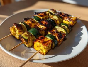 Nahaufnahme von vier gegrillten Halloumi-Zucchini-Spießen mit dunklen Grillspuren auf einem weißen Teller.
