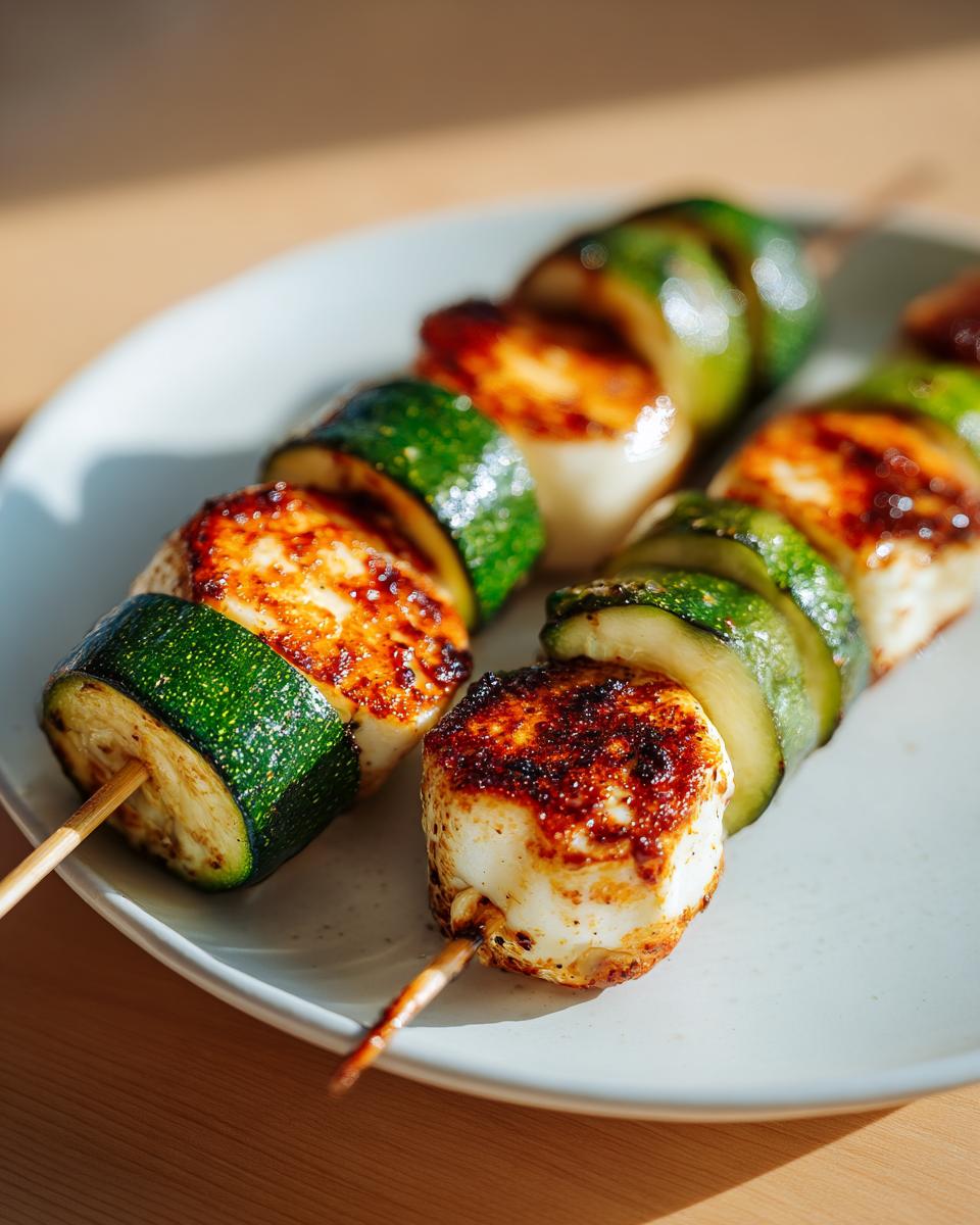 Nahaufnahme von zwei gegrillten Halloumi-Zucchini-Spießen mit schön gebräuntem Halloumi.