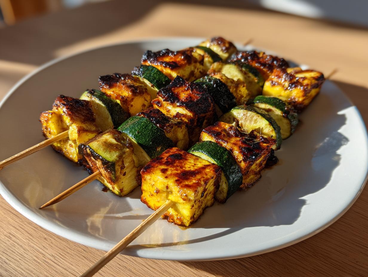 Nahaufnahme von vier gegrillten Halloumi-Zucchini-Spießen mit dunklen Grillspuren auf einem weißen Teller.