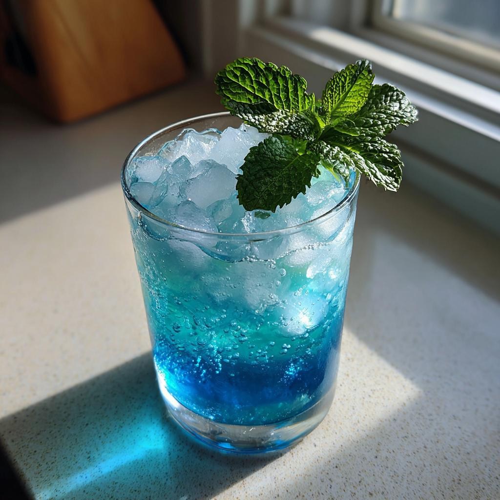 Nahaufnahme einer eisgekühlten, leuchtend blauen Heidelbeer-Limonade, garniert mit frischer Minze.