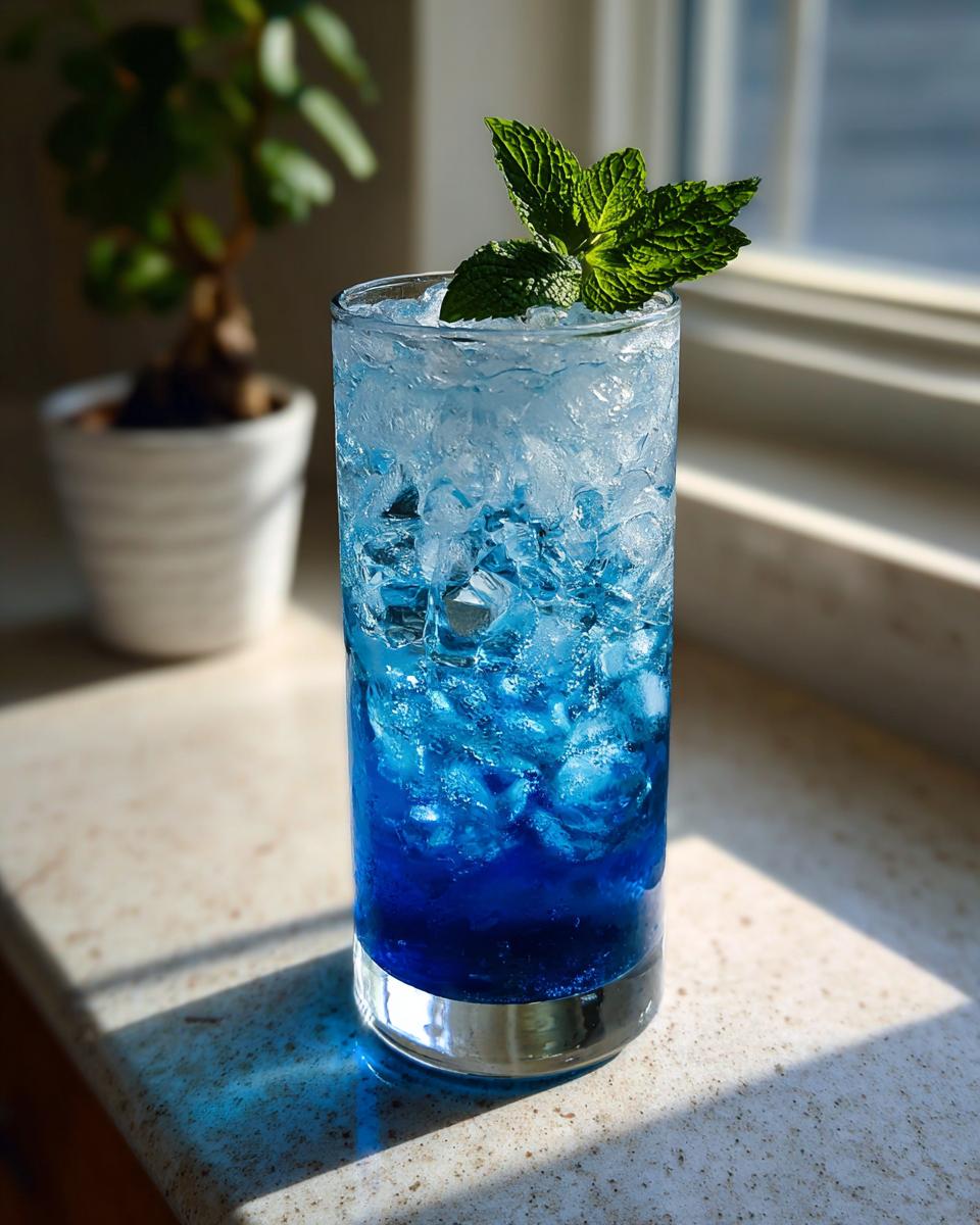 Hohes Glas mit leuchtend blauer Heidelbeer-Limonade, viel zerstoßenem Eis und einem Minzzweig als Garnitur.
