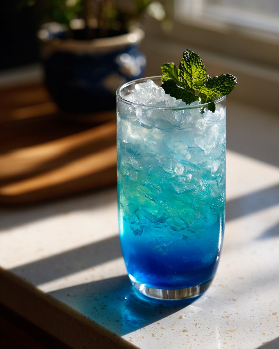 Nahaufnahme einer hohen Glas mit blauer Heidelbeer-Limonade, viel zerstoßenem Eis und einem Minzblatt als Garnitur.