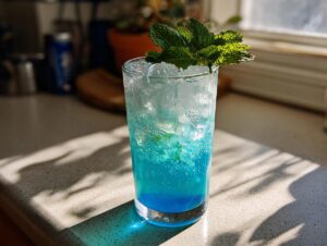Hohes Glas mit blauer Heidelbeer-Limonade, viel Eis und einem Minzzweig, garniert.