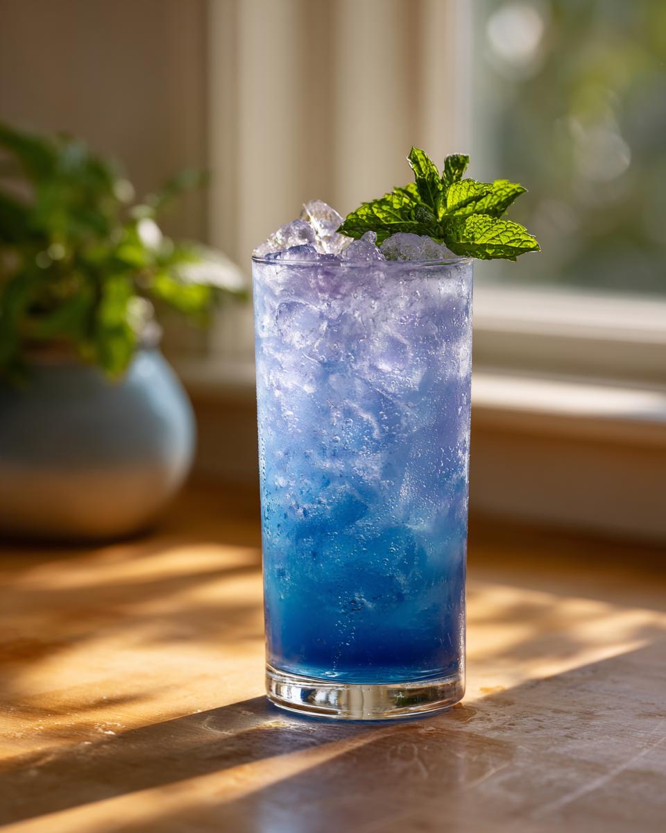 Ein hohes Glas mit blauer Heidelbeer-Limonade, gefüllt mit zerstoßenem Eis und garniert mit frischer Minze.