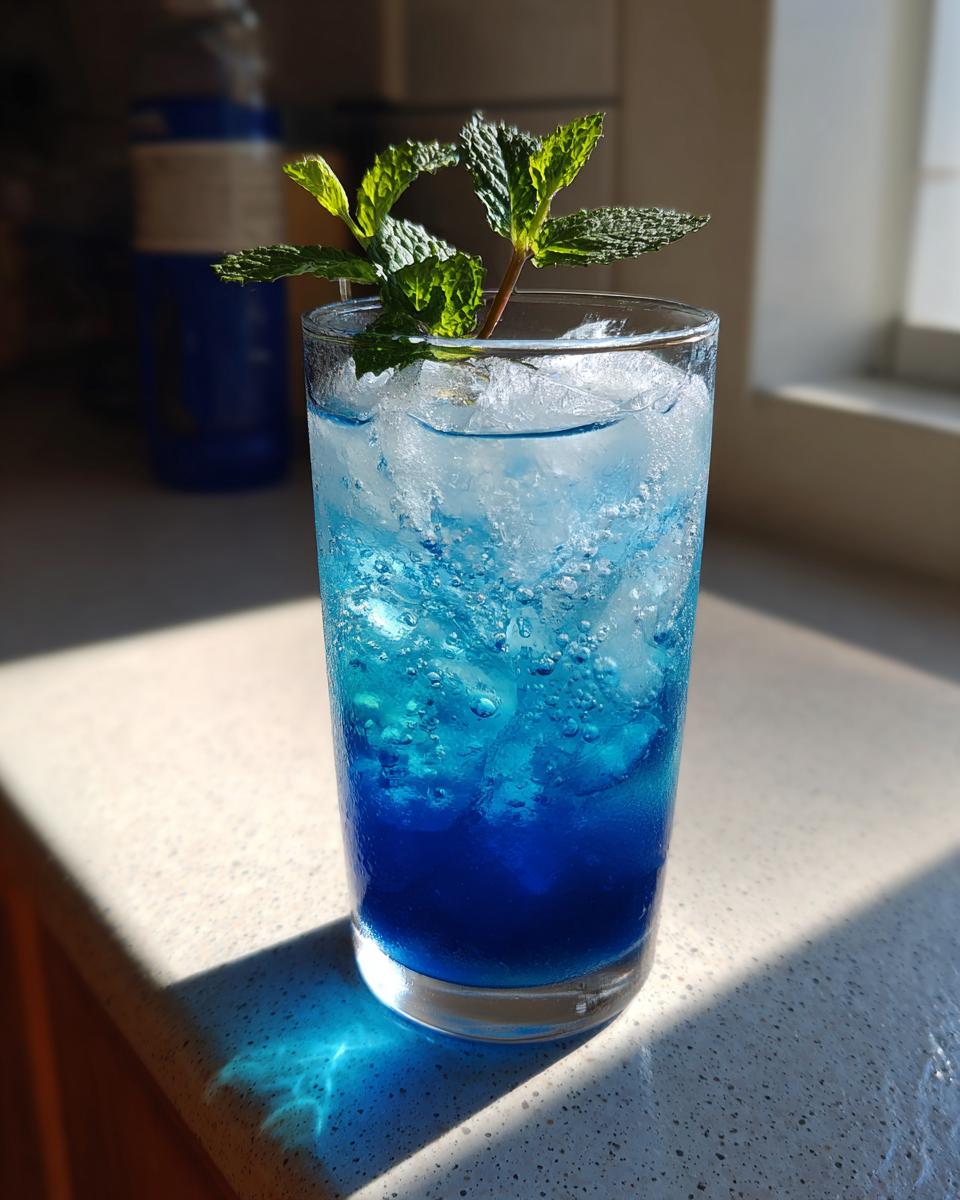 Ein hohes Glas mit leuchtend blauer Heidelbeer-Limonade, viel zerstoßenem Eis und einem Minzzweig als Garnitur.