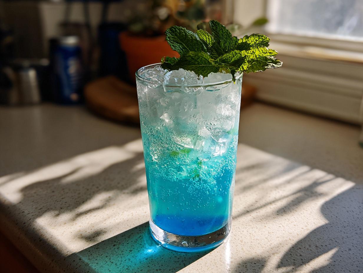Hohes Glas mit blauer Heidelbeer-Limonade, viel Eis und einem Minzzweig, garniert.